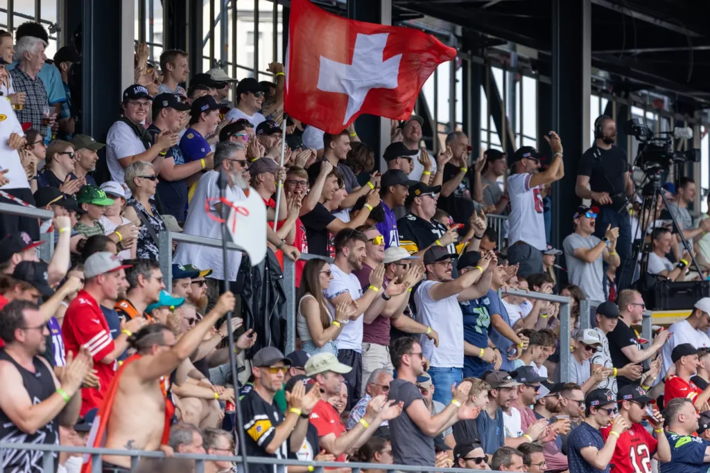 Crowd cheering, waving Swiss flag, attending stadium event, celebrating victory