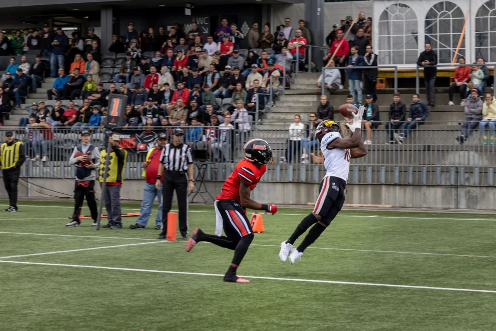 Football player makes a leaping catch in an outdoor stadium setting.
