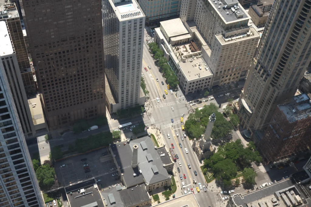 High angle view of a Chicago city street with buildings.